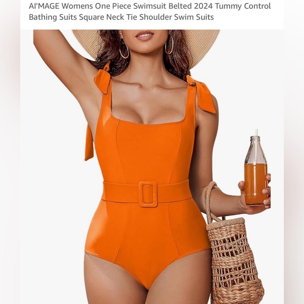 One Piece Swimsuit Belted 2024 Bathing Suit Square Neck Tie Shoulder SZ M